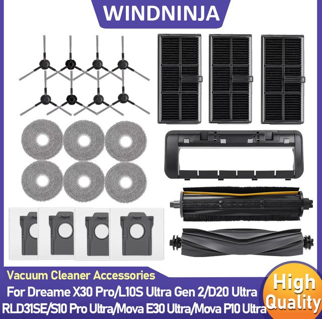 Dreame Ersatzteil-Set mit Staubbeutel, Hauptseitenbürste und Filtermopp in Schwarz passend für L10s Pro Ultra Heat, P10 Ultra, Mova E30 Ultra, L10s Ultra Gen 2 und D20 Ultra - Bild 1