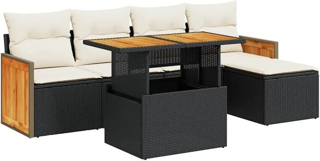 vidaXL 6-teilige Garten-Sofagarnitur aus Poly-Rattan und Akazienholz in Schwarz mit Kissen - Bild 1