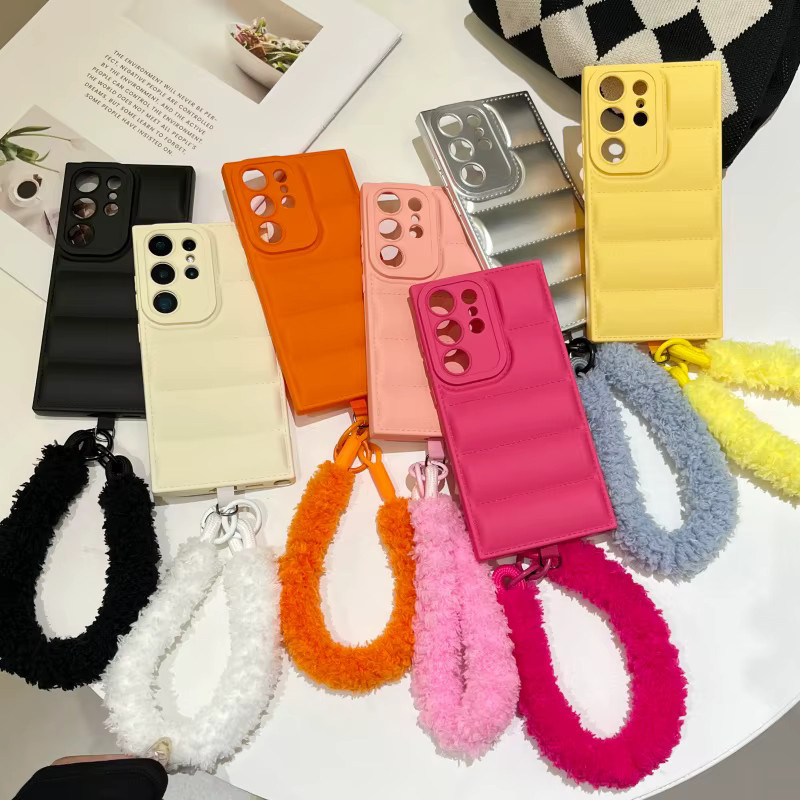 Orangefarbene Silikon-Handyhülle im Daunenjacken-Design für Samsung Galaxy S26 S25 S24 S23 Ultra S22 Plus S21 FE A17 A07 A16 A56 A36 mit Handschlaufe - Bild 4