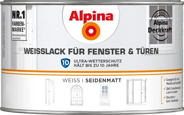 Alpina Weißlack für Fenster und Türen seidenmatt in Weiß, wasserbasiert und wetterfest, 300 ml - Bild 1