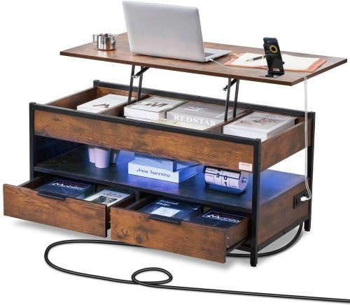 VEVOR Couchtisch mit anhebbarer Platte in Braun mit Steckdosenleiste, USB und Ambientebeleuchtung, höhenverstellbarer rechteckiger Couchtisch mit Aufbewahrungsmöglichkeiten für dein Wohnzimmer - Bild 1