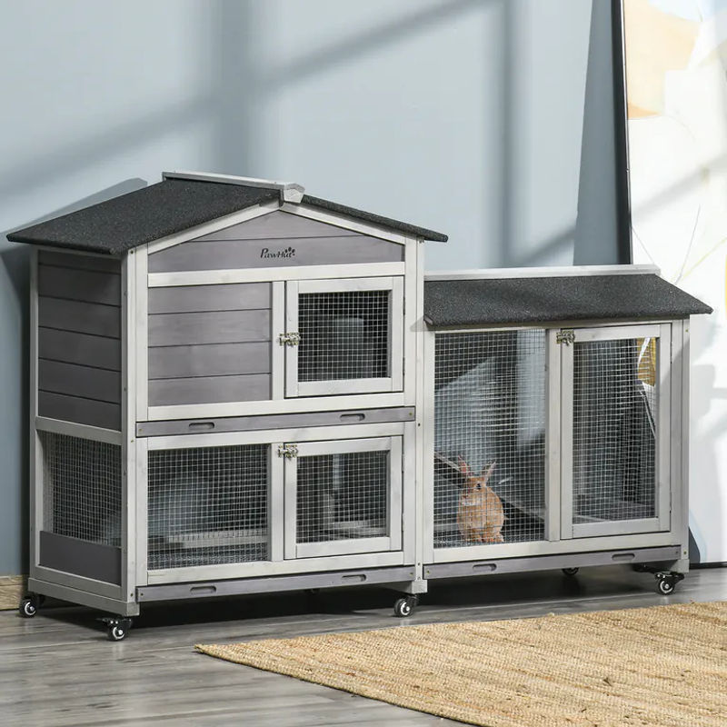 PawHut Kleintierstall Doppelstöckiges Freilaufgehege aus Tannenholz und Stahl in Grau B/T/H: 157,4 x 53,0 x 99,5 cm - Bild 2