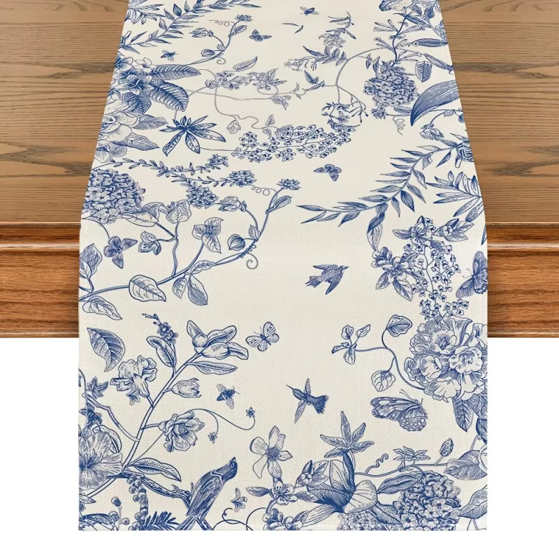 VIKAMA Tischläufer in Blau mit Vogel- und Blumenskizzen, rechteckig, B/T: 90,0 x 33,0 cm - Bild 2