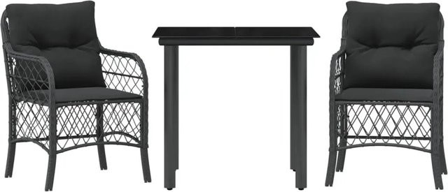 vidaXL 3-teiliges Bistro-Set aus schwarzem PE-Rattan mit Kissen und Glastisch für Garten, Hinterhof oder Balkon - Bild 1