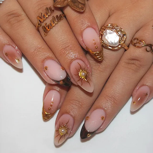 Sunstar Press on Nails, 24 Stück, Glitzer-Design, Goldene Muster, Damen - Bild 1