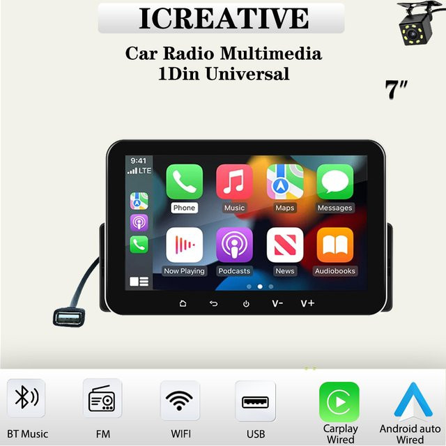 Icreative Universal 1Din Auto Radio mit 7 Zoll Touchscreen, Multimedia Player mit Wired Carplay, Android Auto, Wifi und Spiegel Link, Schwarz, Multicolour - Bild 1