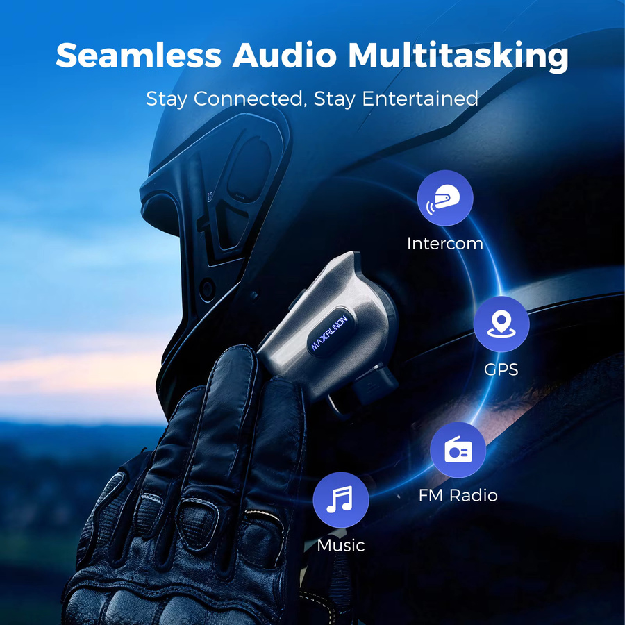 MAXRUNON 2Y Motorrad Bluetooth Intercom für 2 Fahrer, Helm-Headset mit BT5.3, Multi-Audio und FM-Radio, Schwarz - Bild 3