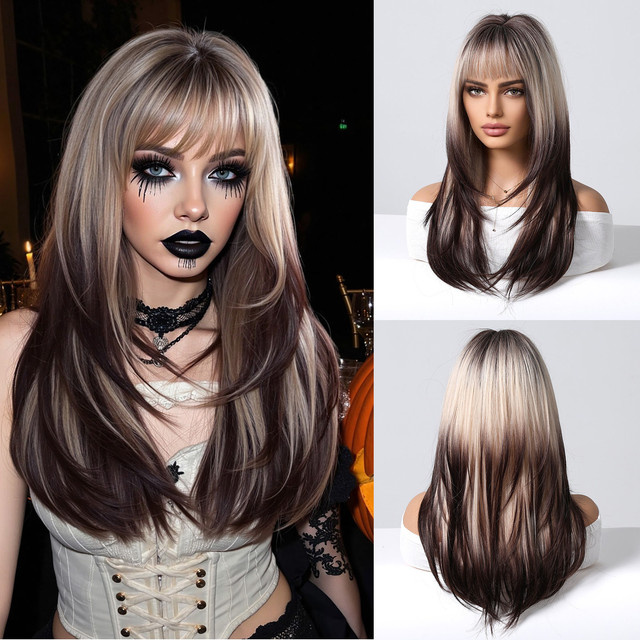 EASIHAIR Perücke, synthetisch, lang, gerade, Platin Dunkelbraun Highlight, mit Pony, Damen - Bild 1