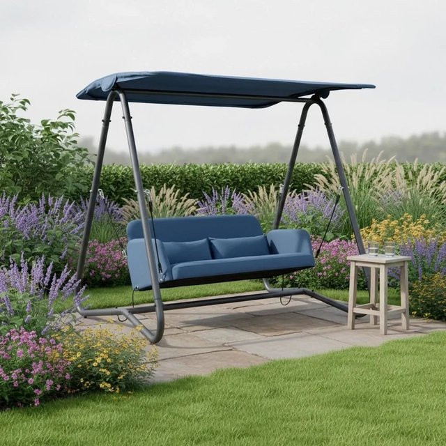 Bessagi Garden Hollywoodschaukel Ilva in Blau mit Sonnendach und Kissen aus Outdoorstoff und Metall - Bild 1