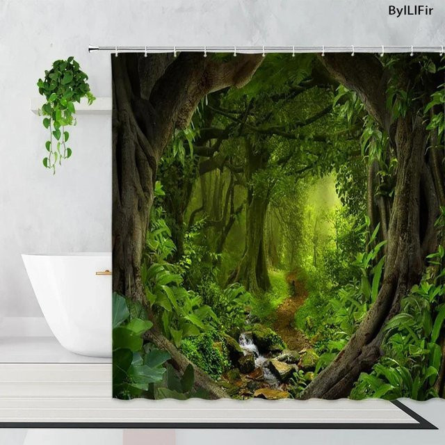 Wasserabweisender 3D-Duschvorhang von Dunika Chen mit tropischem Wald-Motiv in Grün, B/H: 90 x 180 cm - Bild 1
