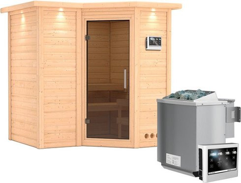 Karibu Riga 1 Bio-Kombi-Sauna aus Fichtenholz für 3 Personen inklusive 9 kW Saunaofen mit externer Steuerung, beige, B/T/H: 221 x 198 x 212 cm - Bild 1
