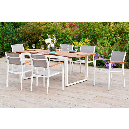 Merxx Gartenmöbel-Diningset Naxos, 7-tlg. mit 6 Sitzplätzen, ausziehbarer Tisch und Stapelsesseln, Aluminium und Akazienholz, Weiß - Bild 2