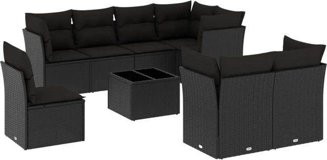 vidaXL 9-tlg Garten-Sofagarnitur aus Polyrattan mit Kissen in Schwarz - Bild 1