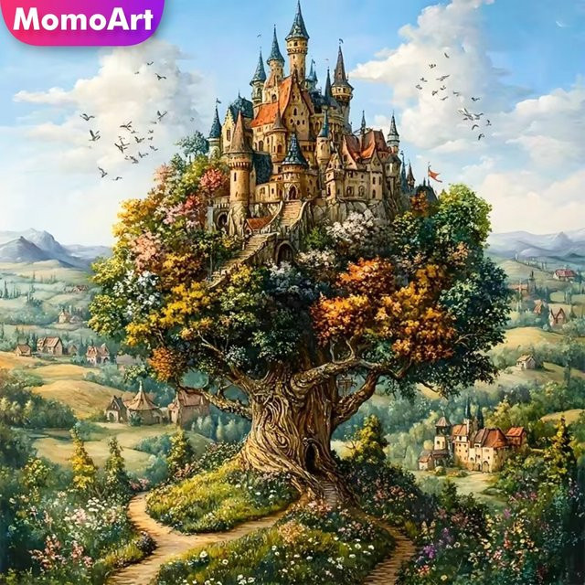 Momoart Diamant-Stickerei DIY Mosaik Set Abstrakte Landschaft mit Baum und Schloss in Mehrfarbig, Acryl Wandkunst - Bild 1