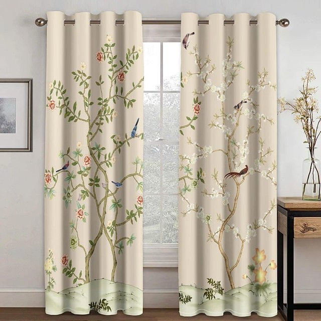 A Family Of Home Textiles Vorhänge mit Blumen- und Vogel-Design in Mehrfarben, semi-transparent, 2er-Set mit Ösen, Breite: 90 cm, Höhe: 220 cm - Bild 1