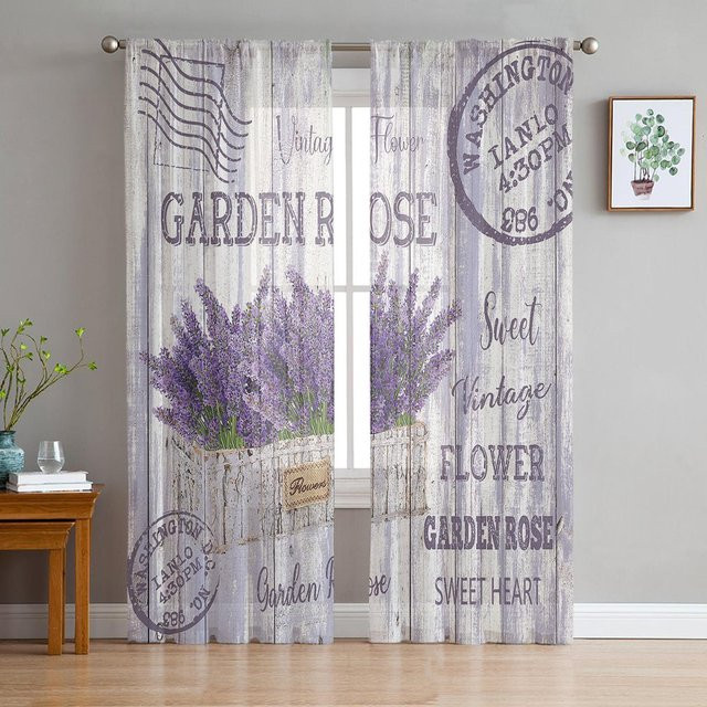 Yiran Furniture Transparentes Voile-Vorhang mit Blumen-Lavendel-Design im Vintage-Stil, Breite: 135 cm, Höhe: 115 cm - Bild 1