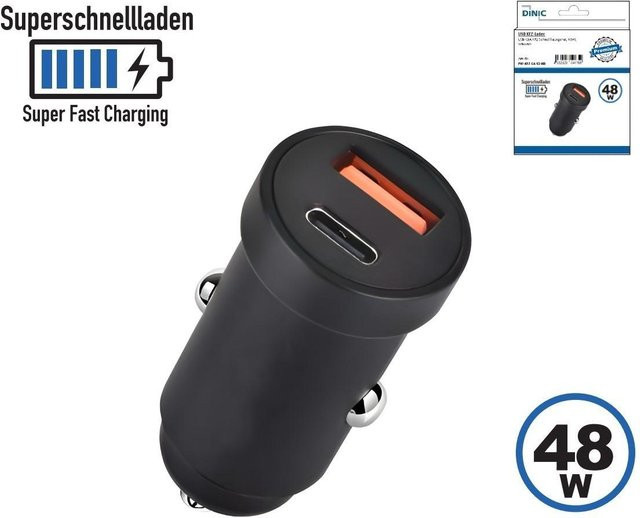 DINIC Autoladegerät für KFZ mit USB-C und USB-A Anschlüssen, 48W, Schwarz - Bild 1