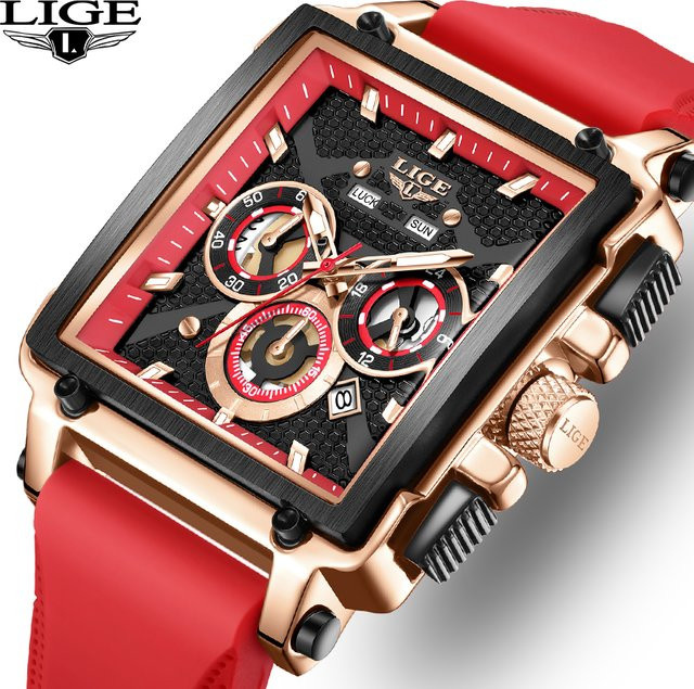 LIGE Armbanduhr Quarz, eckig, Silikonarmband, Schwarz, Herren - Bild 1