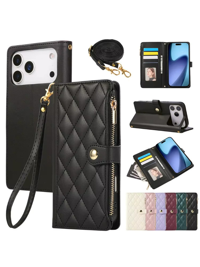 SZMUGUA Handyhülle aus PU-Leder mit Kartenhalter und Umhängetasche inklusive Handschlaufe für iPhone, verfügbar in Schwarz und Lila - Bild 7
