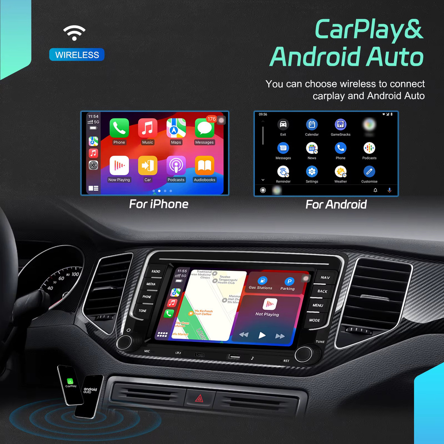 Podofo 7 Zoll Multimedia-Autoradio mit 6 GB RAM und 128 GB Speicher für VW Passat Golf Polo Bora, Android Auto, Apple CarPlay, WiFi, Bluetooth und DSP Sound, Schwarz - Bild 3