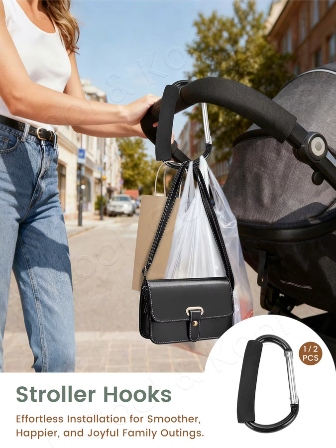 Kisslanding Karabiner Kinderwagen-Haken Organizer aus Aluminium mit Federschnappverschluss in Schwarz oder Silber - Bild 4