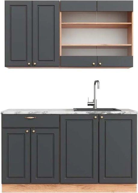 Vicco Fame-Line Singleküche Landhausstil in Anthrazit und Eiche mit Marmor-Optik, Breite: 140 cm - Bild 1