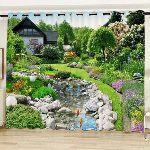 Yiran Furniture Dekorative Vorhänge mit Naturlandschaft und Burg Motiv, 2er Set, Blau/Mehrfarbig, Semi-transparent, B: 140 cm, H: 160 cm - Bild 1