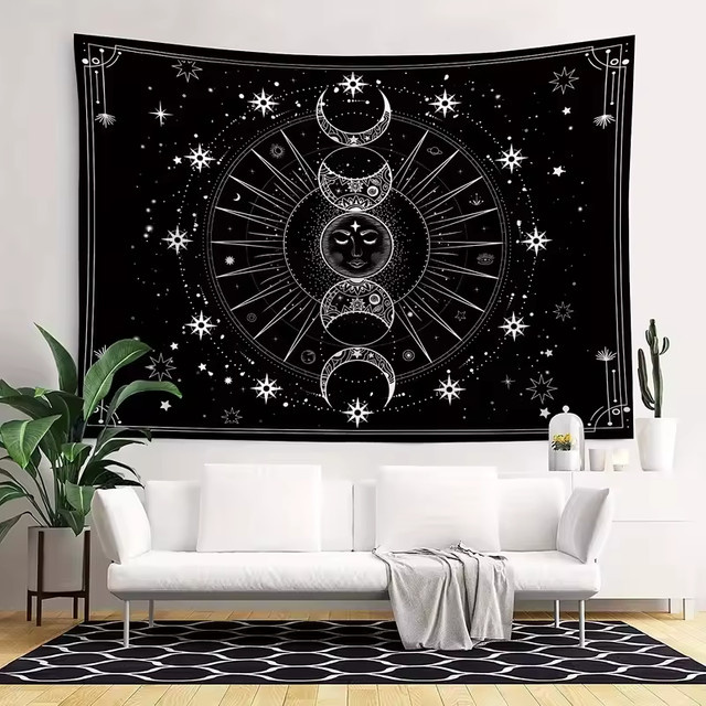 VIKAMA Wandteppich im Boho-Stil mit Sonnenpilz und Sternenmuster, schwarzer Kunstteppich für Wohnzimmer und Schlafzimmer, Breite: 75 cm, Höhe: 58 cm - Bild 1