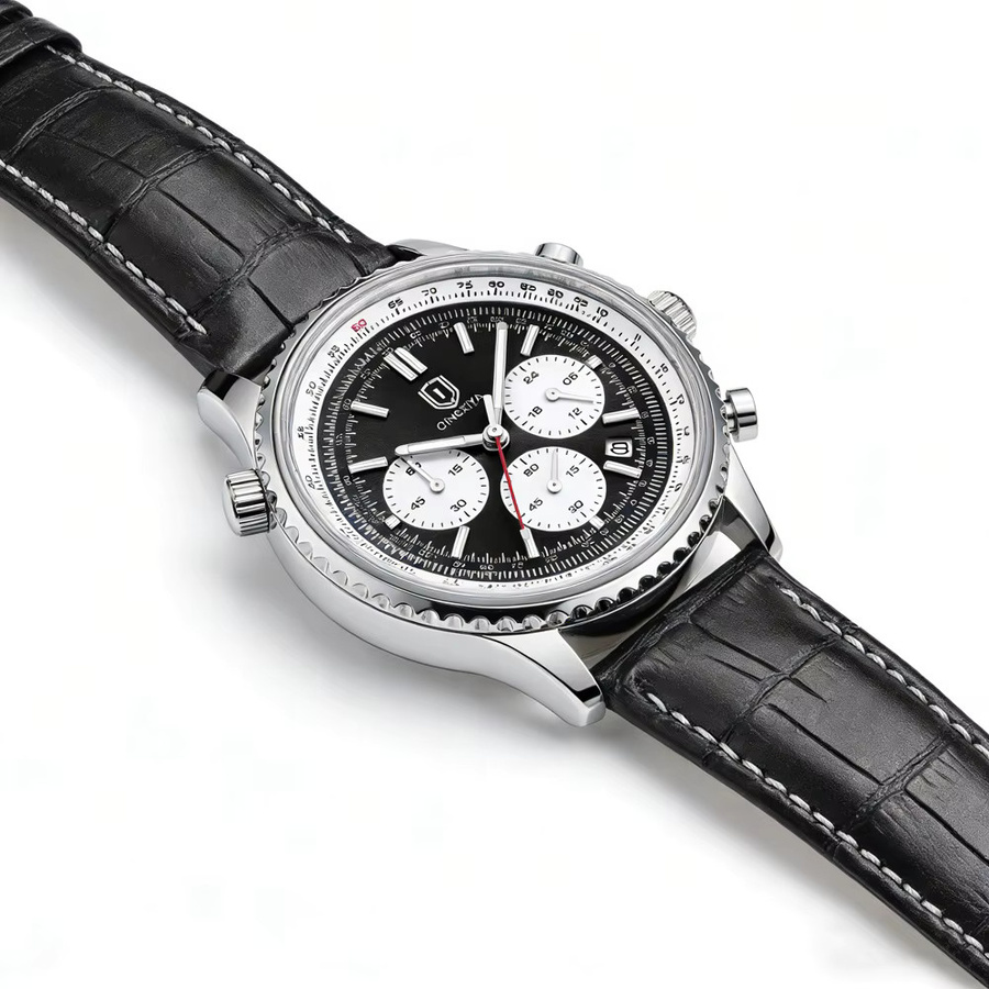 QINGXIYA Armbanduhr Herren, Quarz, Chronograph, Leder, Schwarz - Bild 4