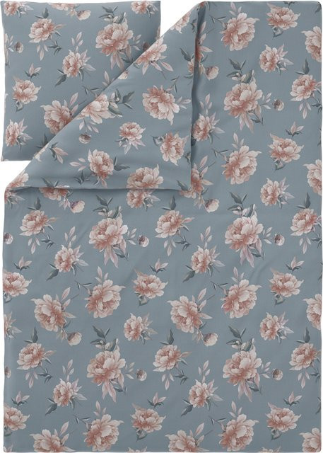 LIVARNO Renforcé-Bettwäsche mit Blumenmuster in Blau, Set bestehend aus 1x Bettdeckenbezug (155 x 220 cm) und 1x Kopfkissenbezug (80 x 80 cm) - Bild 1