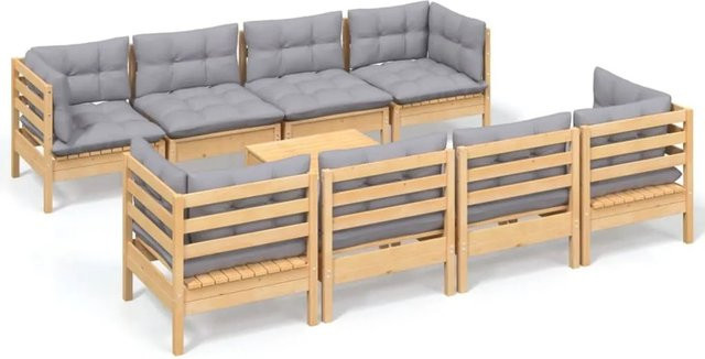 vidaXL 9-tlg. Garten-Lounge-Set aus massivem Kiefernholz mit grauen Polstern und Kissen in Braun-Grau - Bild 1