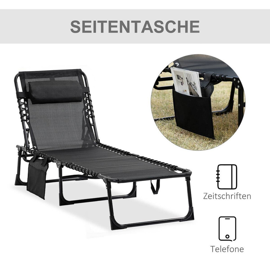 Outsunny Sonnenliege in Schwarz mit verstellbarer Kopfstütze und Textilene-Netzstoff, B/H/L: 58 x 30 x 185 cm - Bild 3