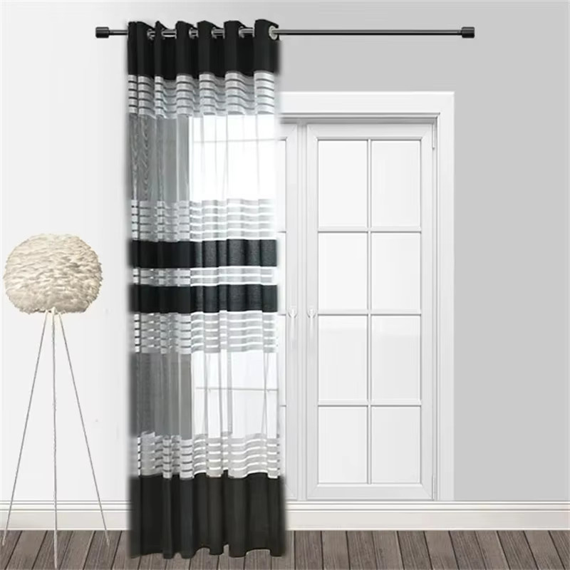 NewWPKIRA Retro-Vorhang mit schwarz-weißen Streifen und Samt-Stickerei, transparenter Tüll-Vorhang in Weiß und Schwarz, B/H: 100 x 200 cm - Bild 5