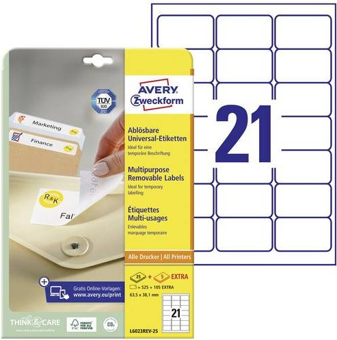 Avery Zweckform Universal-Etiketten Weiß, B: 6,35 cm, H: 3,81 cm, Papier, wiederablösbar - Bild 1