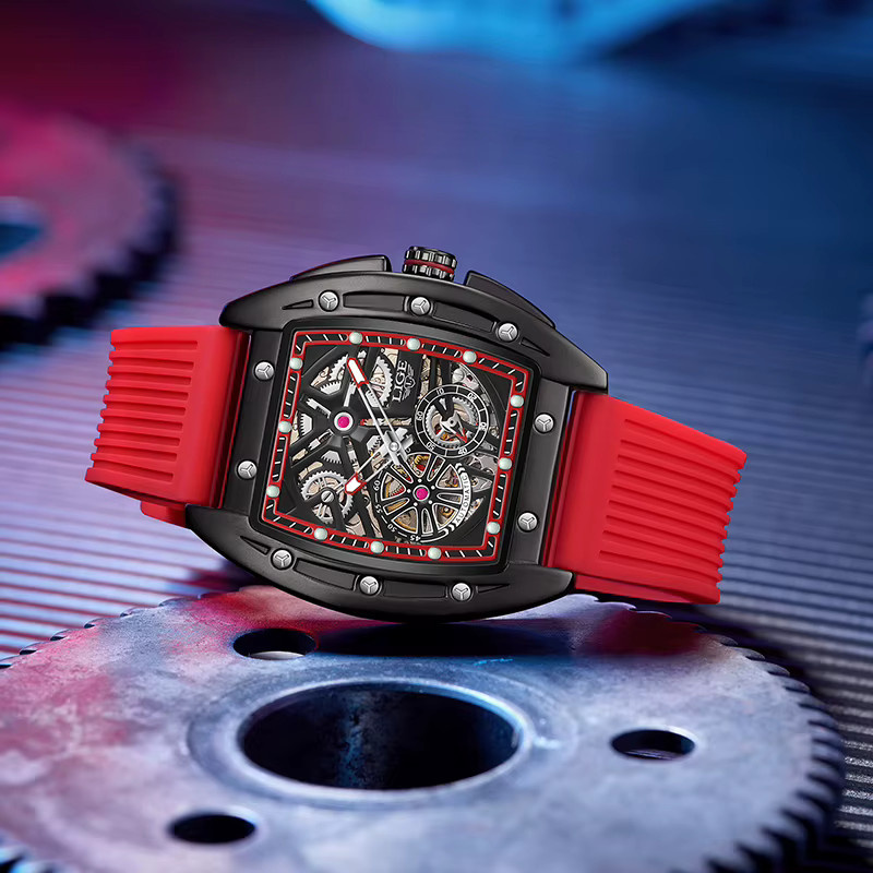LIGE Armbanduhr Automatik, Skelett, Edelstahl, Kautschuk, Schwarz, Herren - Bild 3