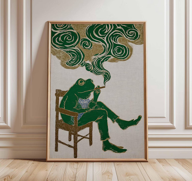 Vintage Frosch-Kunstdruck von SHENCHEN im japanischen Stil als grünes Retro-Poster aus Papier - Bild 1