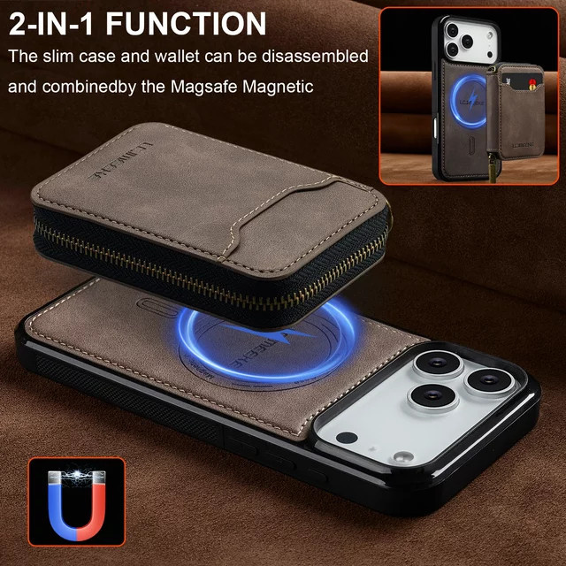 szHAIyu Magnetische Leder-Handyhülle mit abnehmbarer Geldbörse und Reißverschluss für Apple iPhone, erhältlich in Blau und Braun - Bild 1