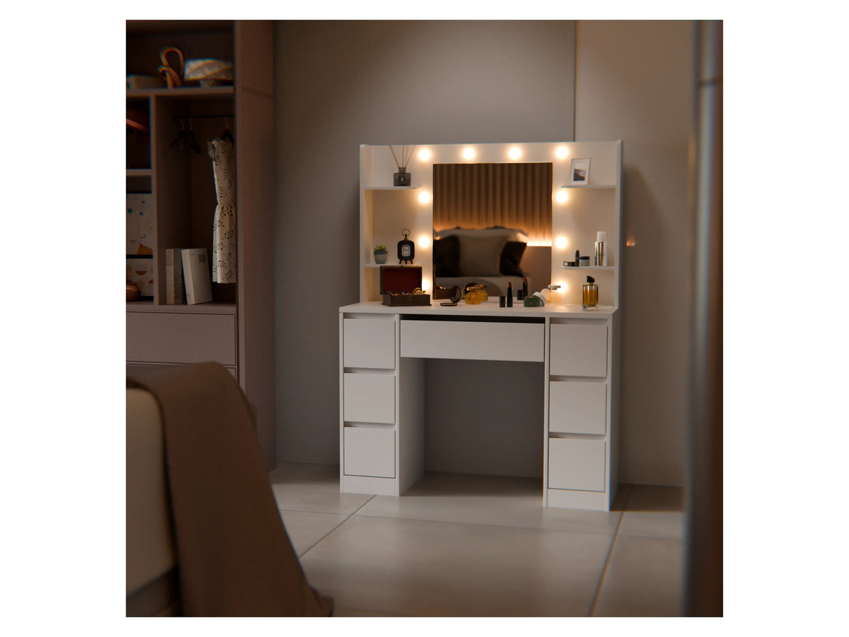 Juskys Schminktisch Malia mit LED-Spiegel in Weiß, B/T/H: 140 x 40 x 70 cm - Bild 2