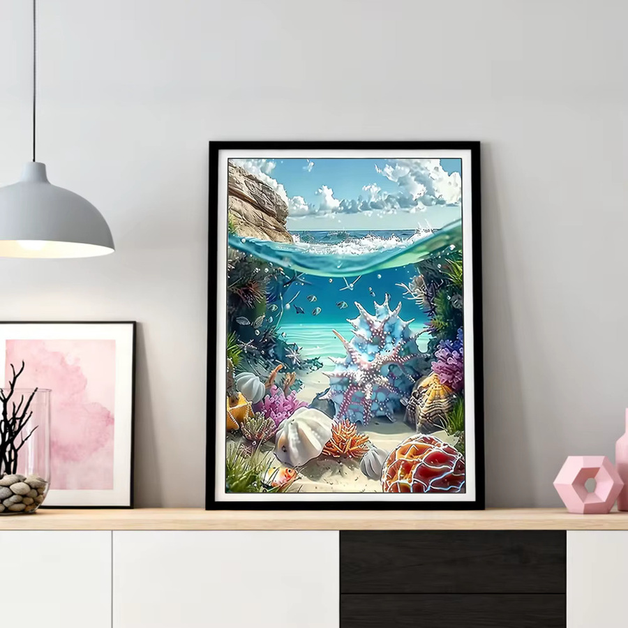 HUACAN Diamantmalerei Muschel-Landschaft als dekoratives Wandgemälde im maritimen Design, Set mit quadratischen und runden Perlen, Mehrfarbig - Bild 2