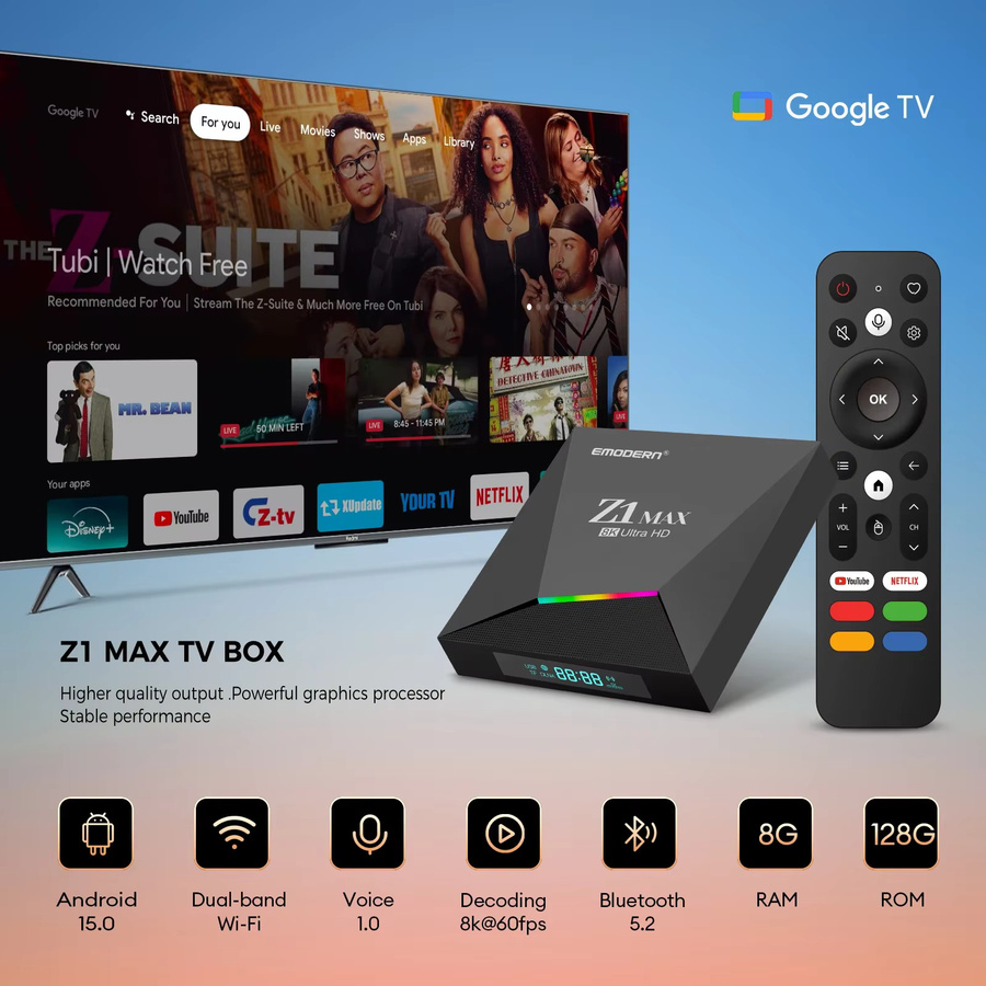 CLIBABIQBOX Z1 Max TV-Box Android 15 Media Streamer mit Allwinner H618 Quad-Core, 4G, 5G Dual-WLAN, Bluetooth 5.0, HD 8K 4K Unterstützung, Schwarz - Bild 2