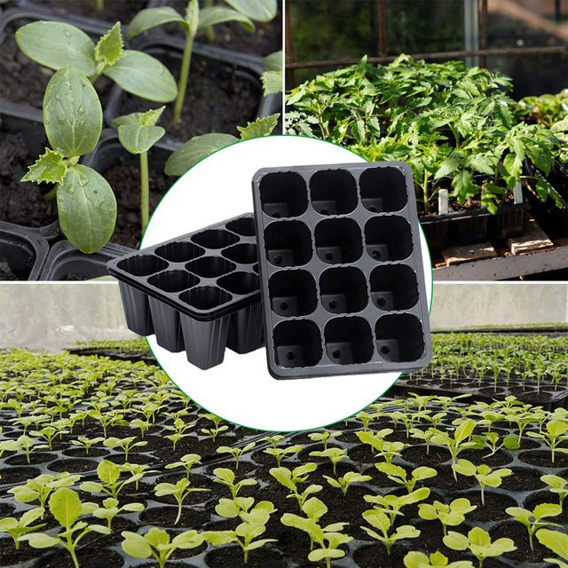 12-Loch-Gemüsesetzlingstöpfe aus Kunststoff mit Bodenloch und Abflusswasserdesign in Schwarz für Blumen, Kräuter und Gemüse - Bild 1