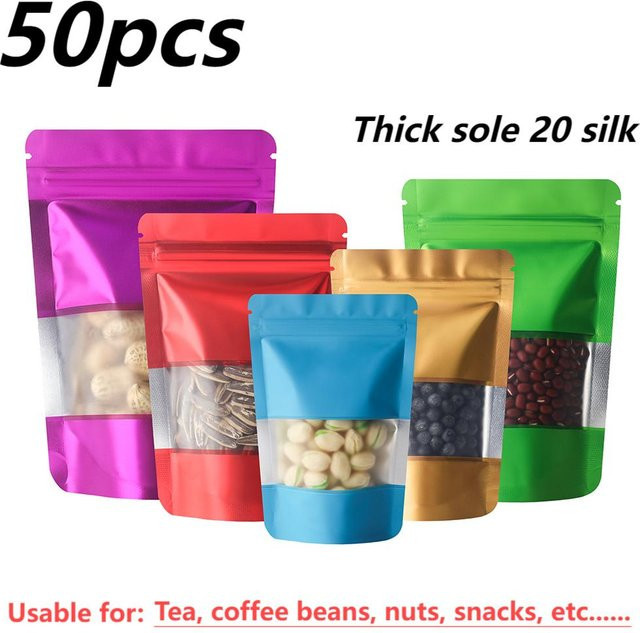 50 Stück transparente Mylar-Beutel aus Aluminiumfolie mit Fenster für Tee, Snacks und Nüsse, feuchtigkeitsbeständig, blau - Bild 1