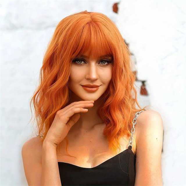 Orange wellige Perücke mit Pony für Damen - Bild 1