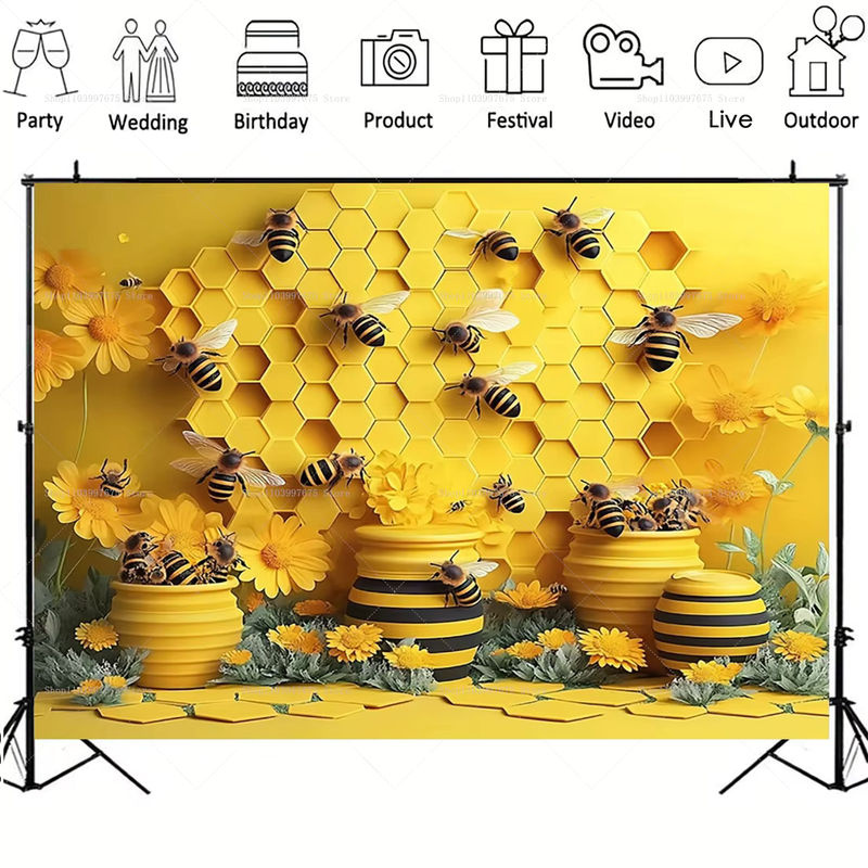 Baby Shower Fotohintergrund mit Süße Biene Motiv in Gelb aus Vinyl für Neugeborenen Porträts und Geburtstagspartys - Bild 2