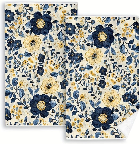 2er-Set saugfähige Küchentücher mit Blumenmuster in Dunkelblau und Gold, B: 40 cm, H: 60 cm - Bild 1