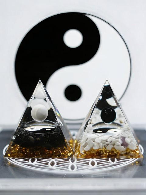Kristall-Tai-Chi-Pyramide Ornament als Energieverstärker und Heilkristall zur Wohnungsdekoration in Weiss und Multicolour - Bild 1