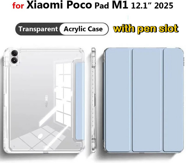 Transparente Acryl-Schutzhülle mit dreifach faltbarem Leder-Ständer für Xiaomi Poco Pad und Redmi Pad SE, Farbe: Blau - Bild 1