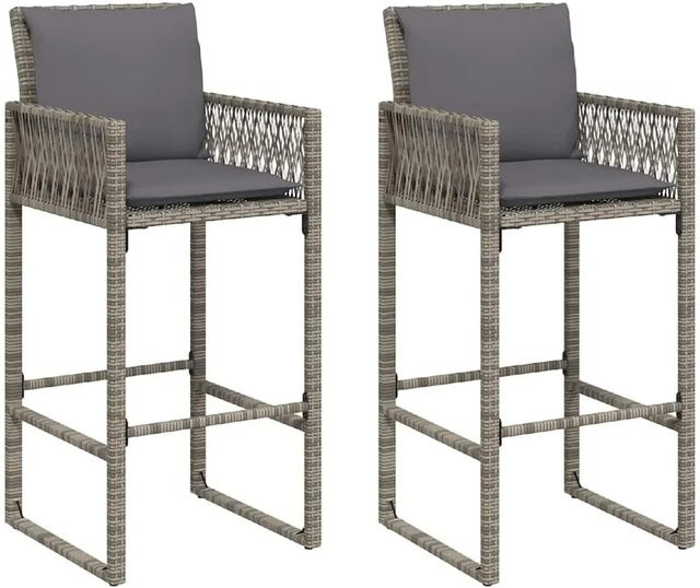 vidaXL Garten-Barhocker Set aus Poly Rattan und Metall in Grau mit Kissen, 2 Stück - Bild 1