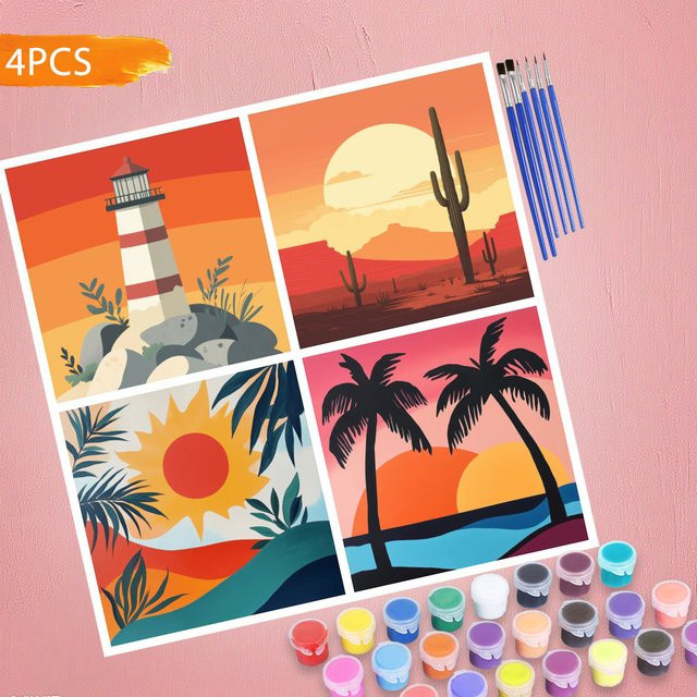 HUACAN Malen nach Zahlen, Leuchtturm, Landschaft, 4-teiliges Set - Bild 1
