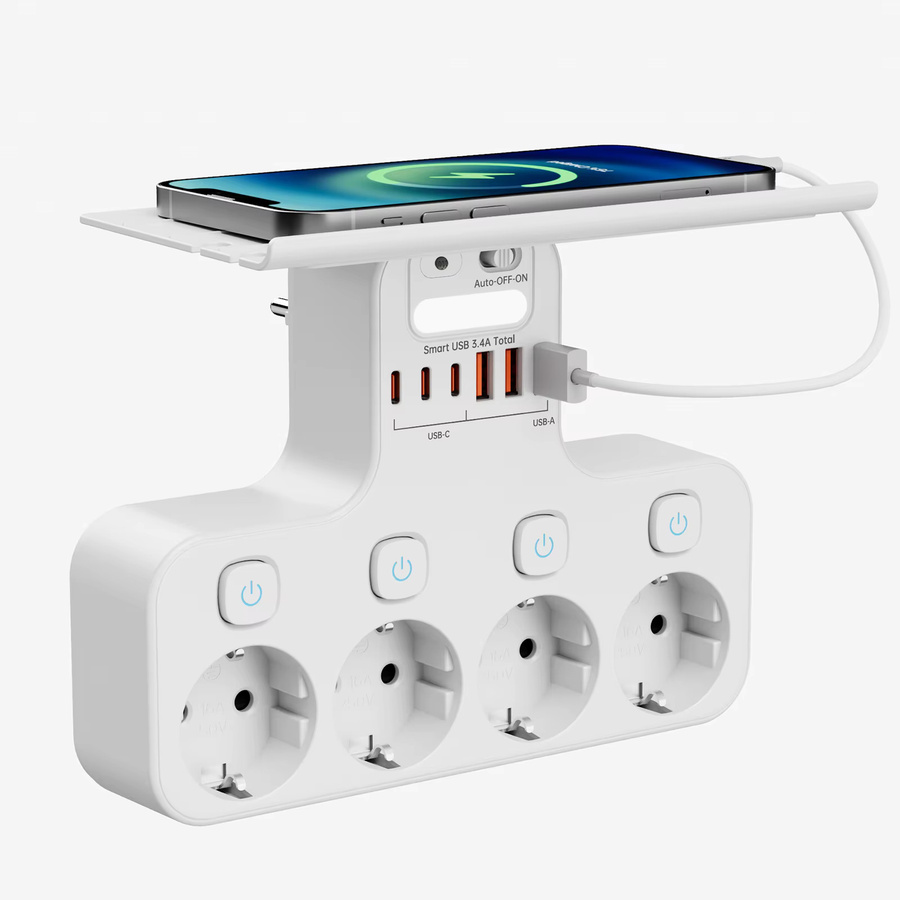 DODOYESANA Multifunktionssteckdose mit Nachtlicht und Telefonhalter, 4000 W, Schwarz, 4 AC-Steckdosen, 2 USB-A und 2 USB-C - Bild 3